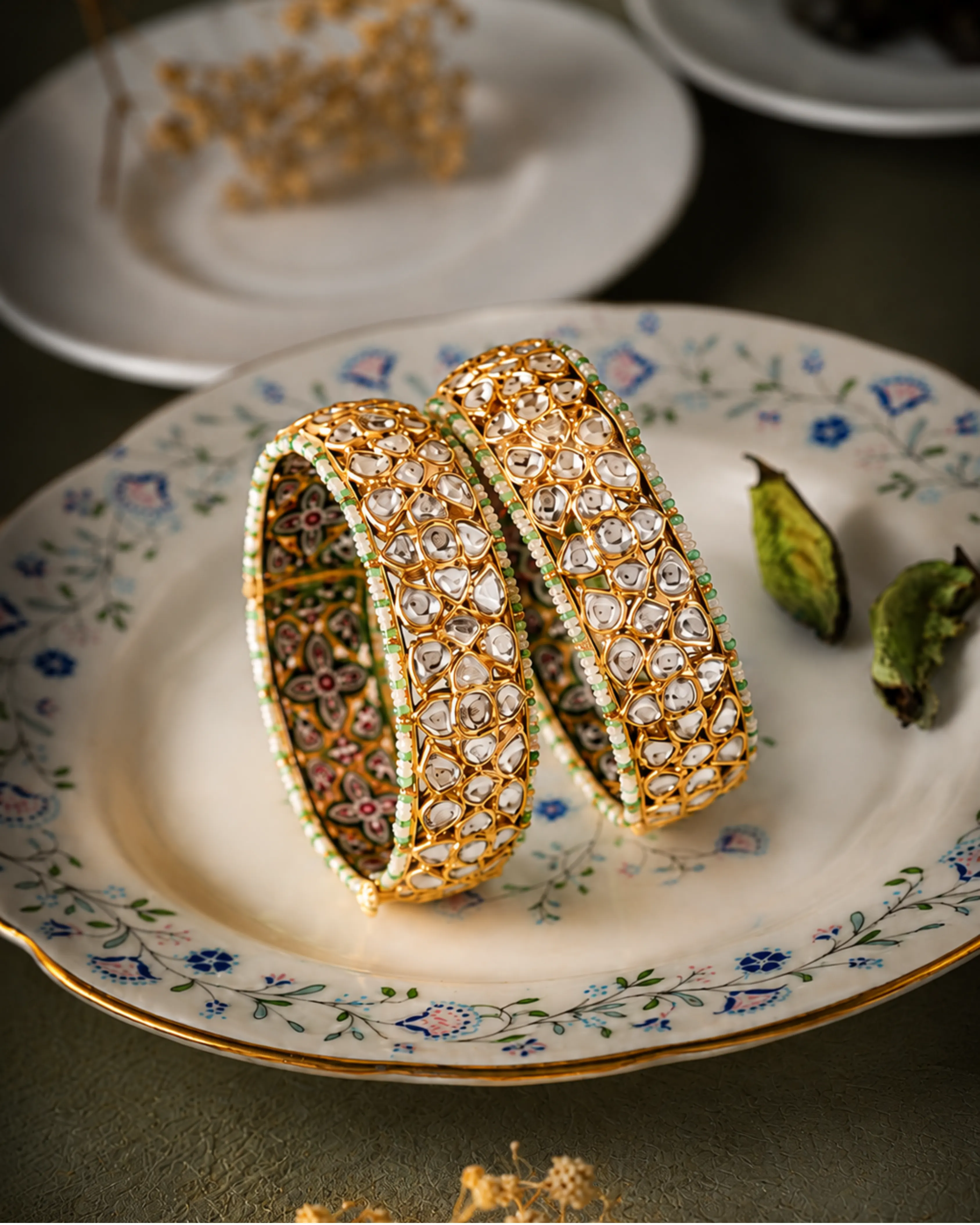 Pair of polki kangan with meenakari enamel and seed-pearl edging