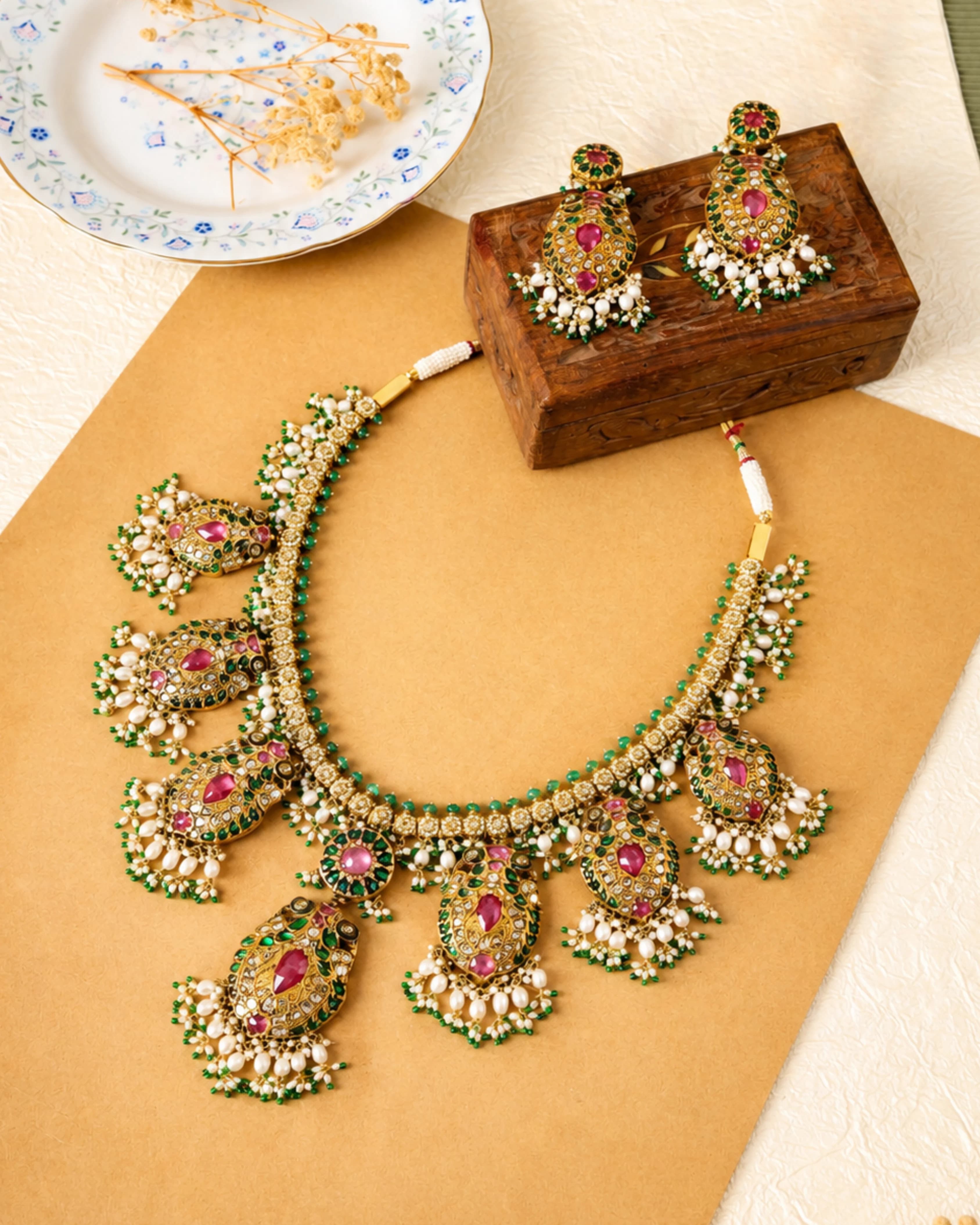 Bridal polki necklace and earrings with ruby, emerald, meenakari and pearl fringe