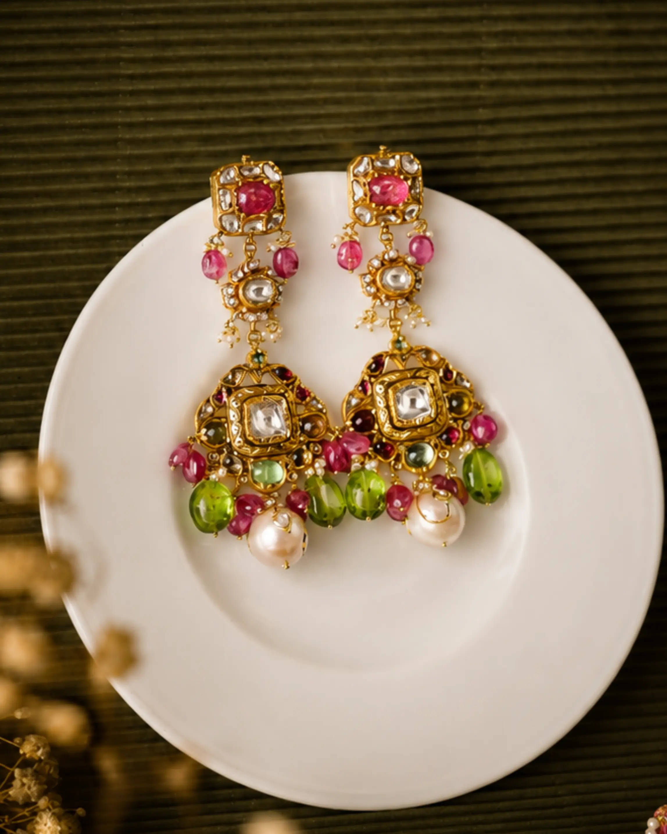 Polki chandelier earrings with ruby, green beads and pearl drops
