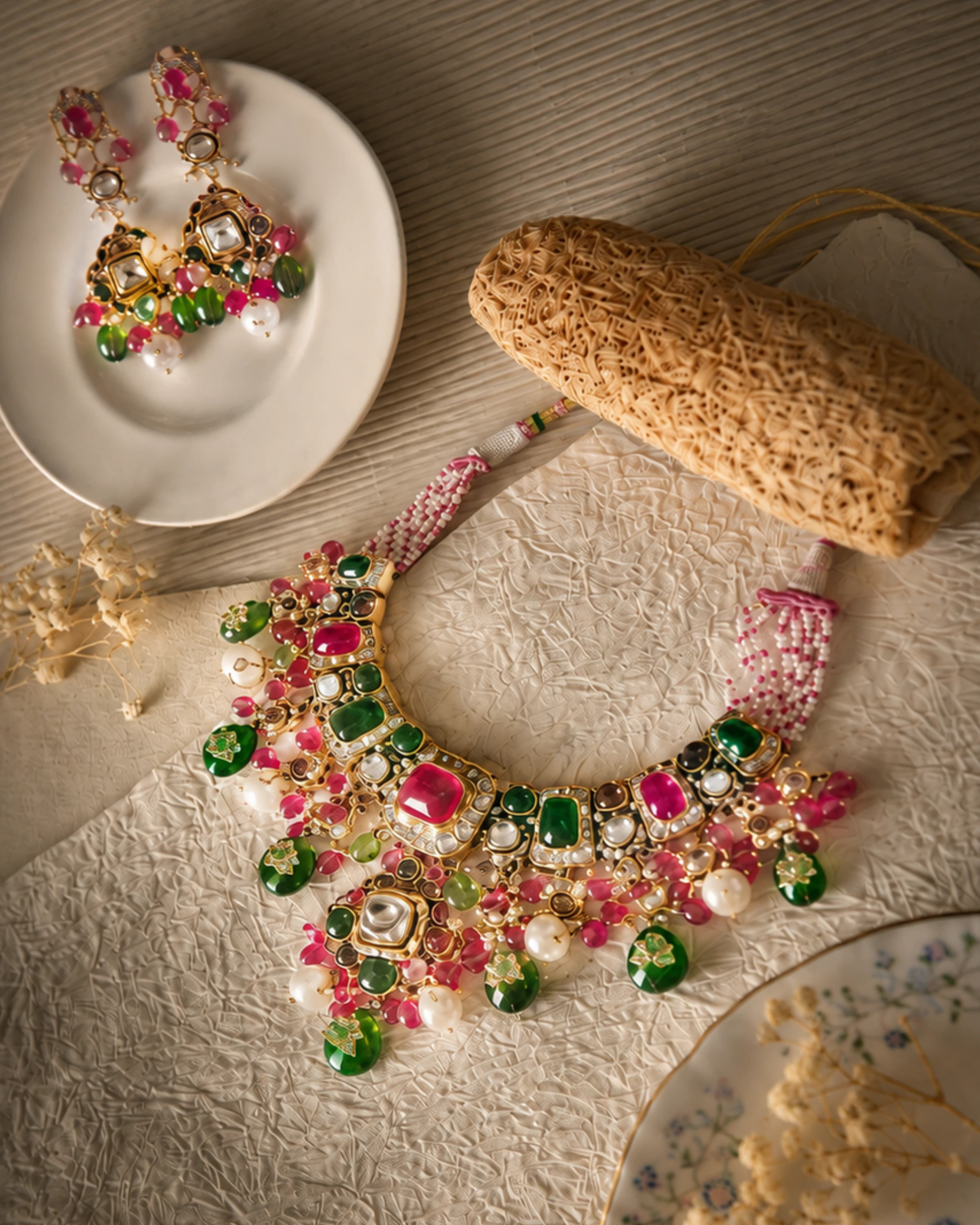 Ceremonial polki necklace with ruby and emerald cabochons and pearl drops