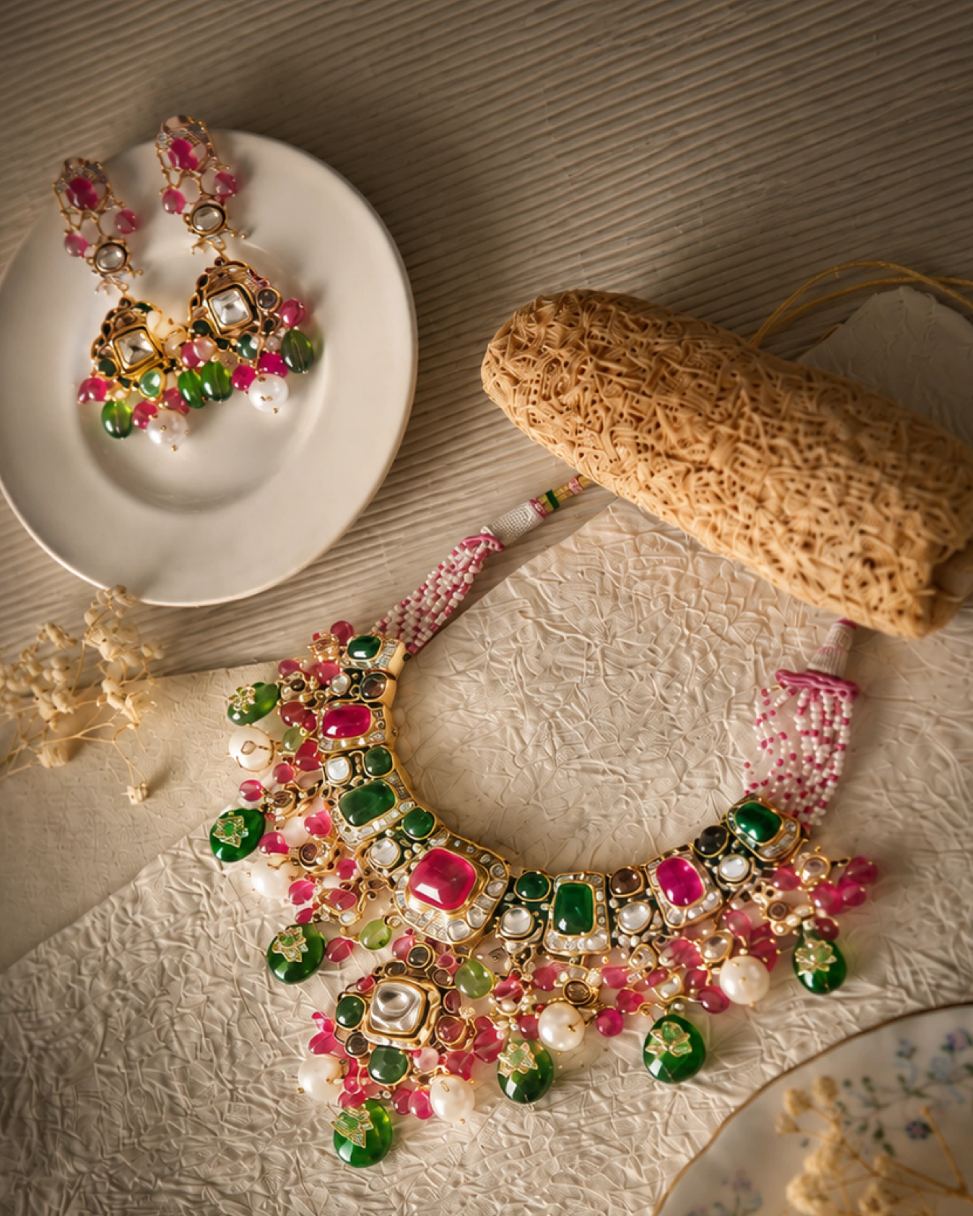 Ceremonial polki necklace with ruby and emerald cabochons, pearl drops and a braided tassel