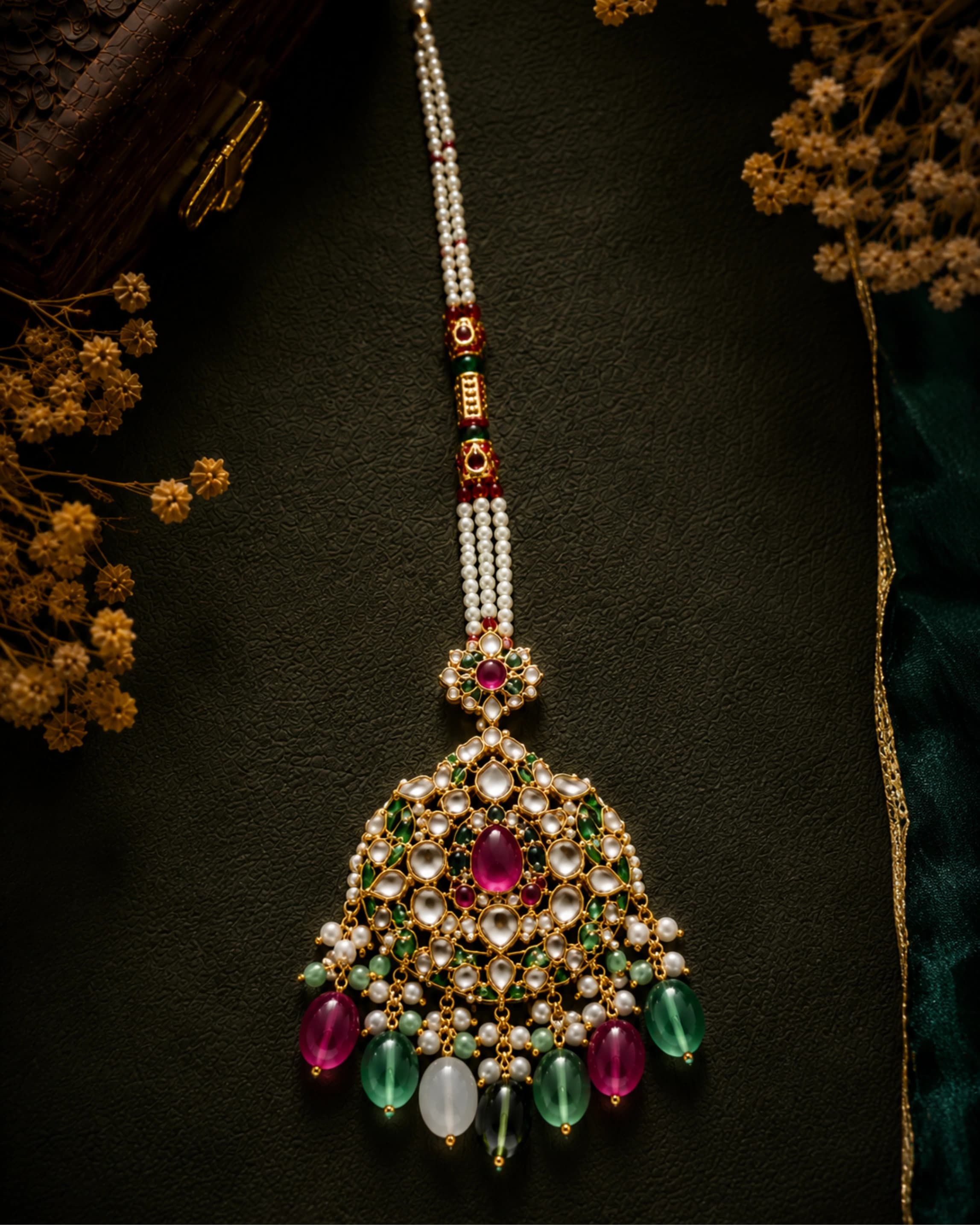 Polki matha patti on pearl strands with emerald drops